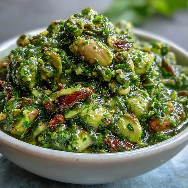 Homemade pistachio pesto drizzled over grilled vegetables, showcasing its bright green color and nutty aroma.