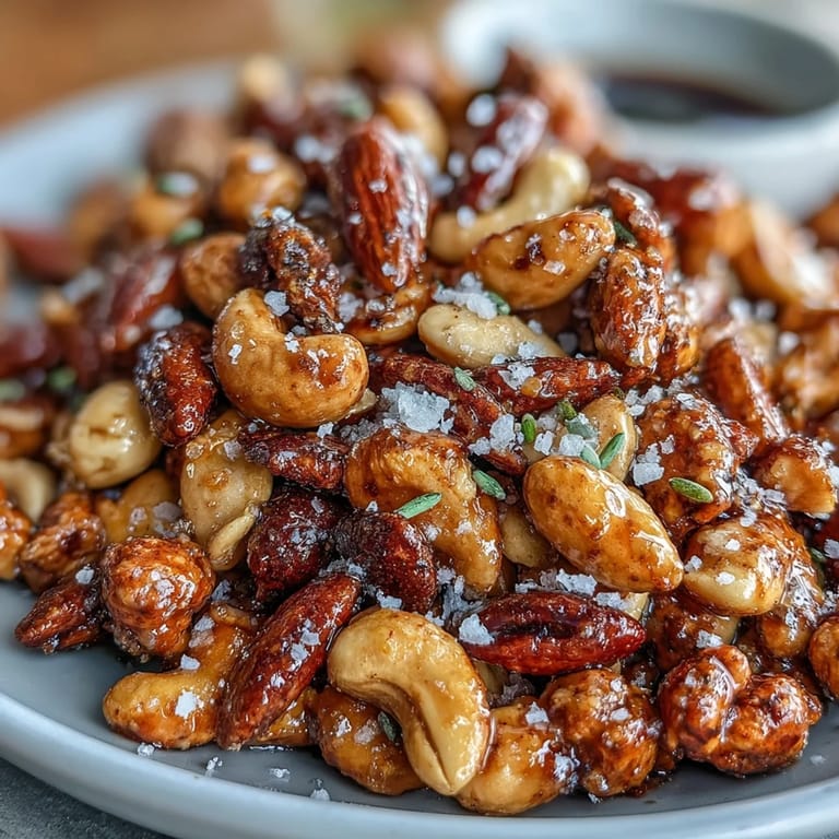 Crispy snack mix featuring salted honey-coated peanuts, almonds, and pumpkin seeds, seasoned with cinnamon and smoked paprika.