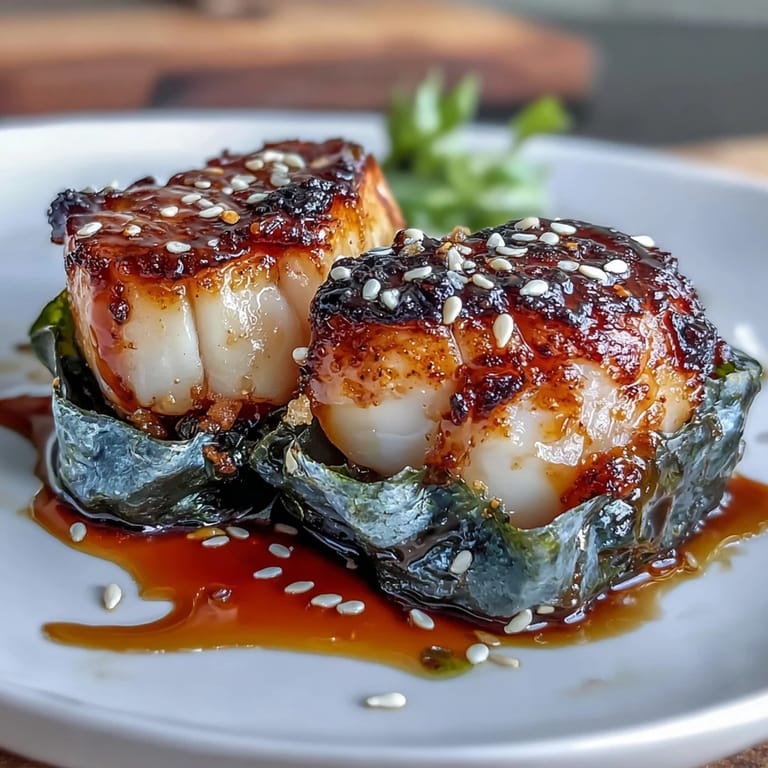 Pan-seared sea scallops wrapped in nori seaweed, served with tangy ponzu sauce and sesame garnish.