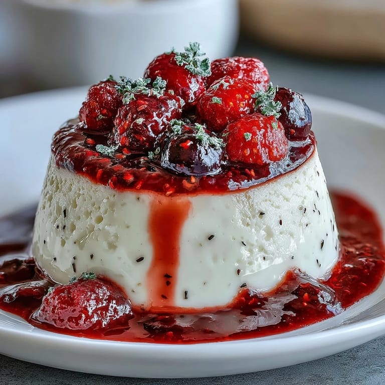 Luxurious cardamom-infused panna cotta served chilled with a vibrant berry compote for a perfect balance of flavors.