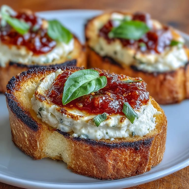 Crispy bruschetta featuring tangy goat cheese and bold chili jam, garnished with fresh basil leaves.