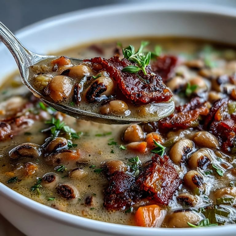 Creamy black-eyed peas and savory ham chunks simmer in a hearty broth, creating a comforting Southern soup perfect for chilly days.
