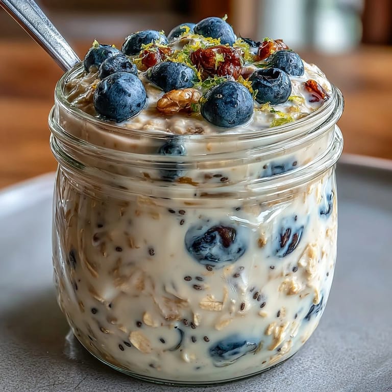 Layered blueberry lemon overnight oats in a jar, perfect for busy mornings and meal prep.