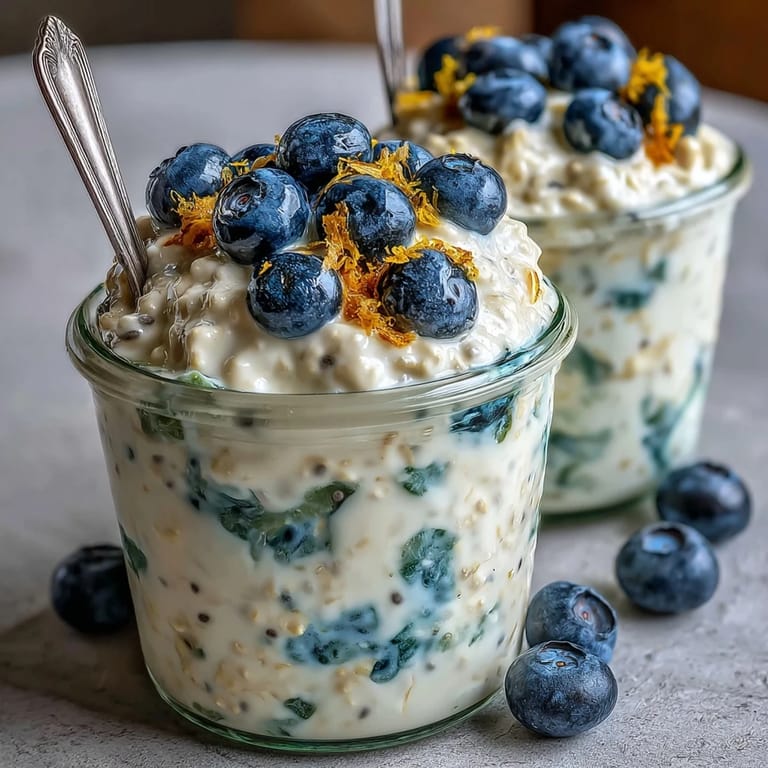 Bright lemon zest overnight oats with juicy blueberries, a nutritious and easy breakfast idea.