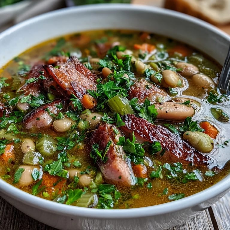 Warm bowl of ham and lima bean soup, featuring smoky ham, buttery lima beans, and aromatic herbs for a comforting meal.