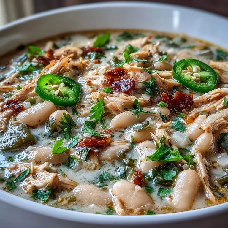 Creamy white bean chicken chili simmered with poblano peppers, corn, and fragrant spices, topped with fresh cilantro and avocado.