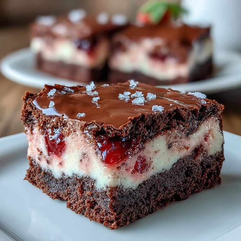 Fudgy brownie base layered with smooth strawberry cheesecake and marbled for an indulgent Valentine's treat.