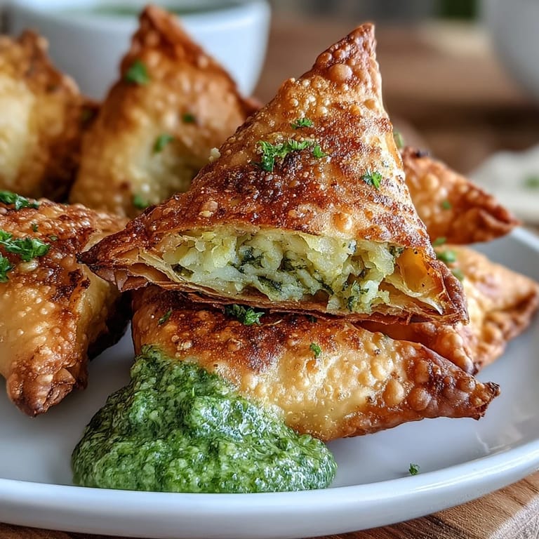 Crispy air fried samosas stuffed with mixed vegetables, golden brown and flaky, served alongside a zesty mint chutney.