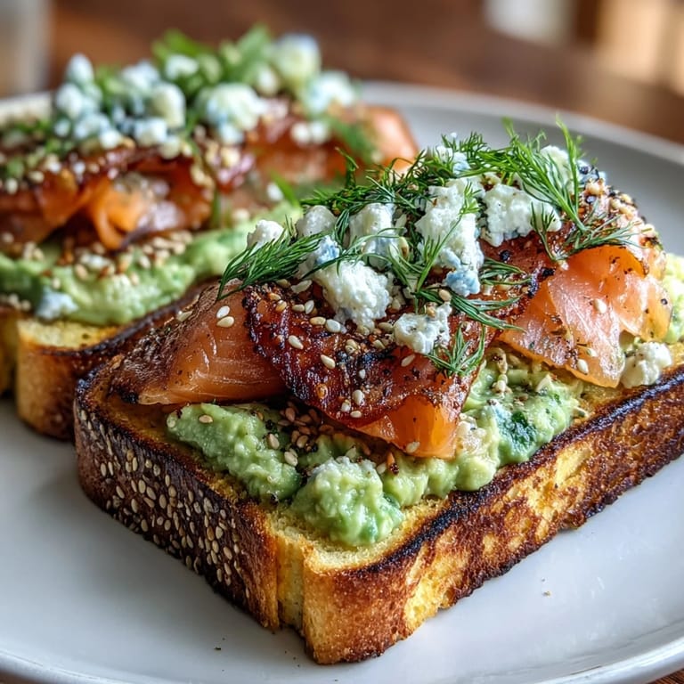 Keto bread slices spread with mashed avocado and topped with silky smoked salmon and a sprinkle of everything seasoning.  
