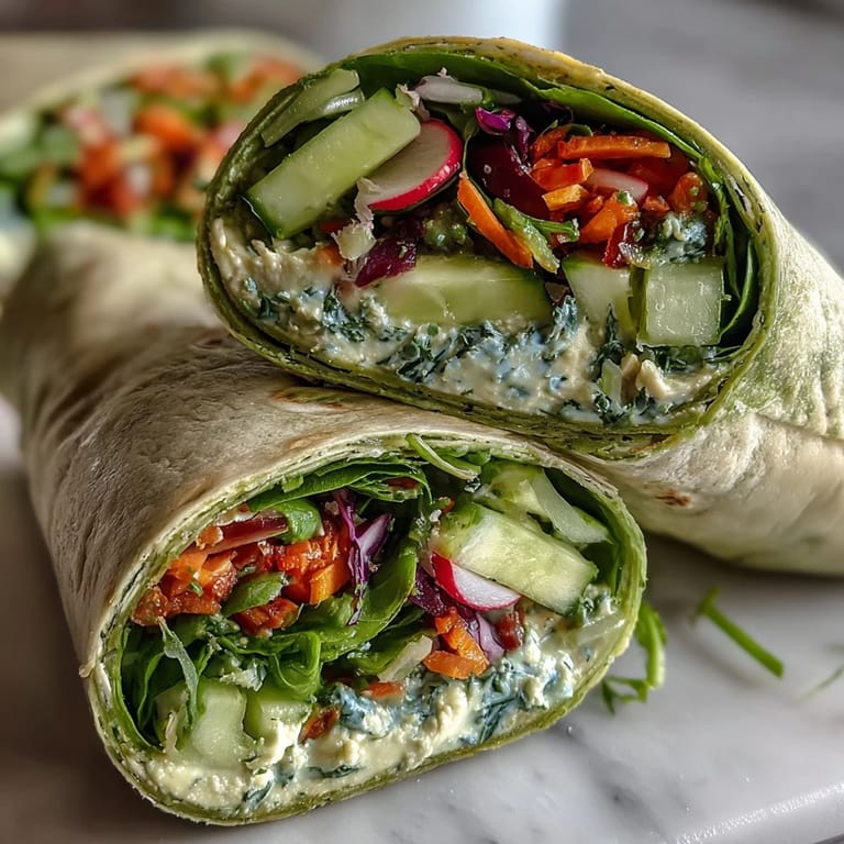 Colorful spinach tortilla wraps filled with crisp spring vegetables and smooth hummus, perfect for a quick, nutritious lunch or snack.  