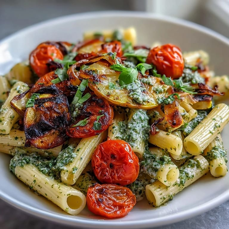 Vibrant roasted vegetables and cherry tomatoes tossed with penne pasta in a rich basil pesto sauce for a hearty vegetarian meal.  