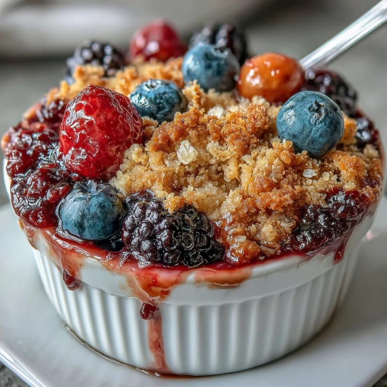 Golden oat crumble topping baked over bubbling mixed berries, creating a comforting and aromatic dessert perfect for two.