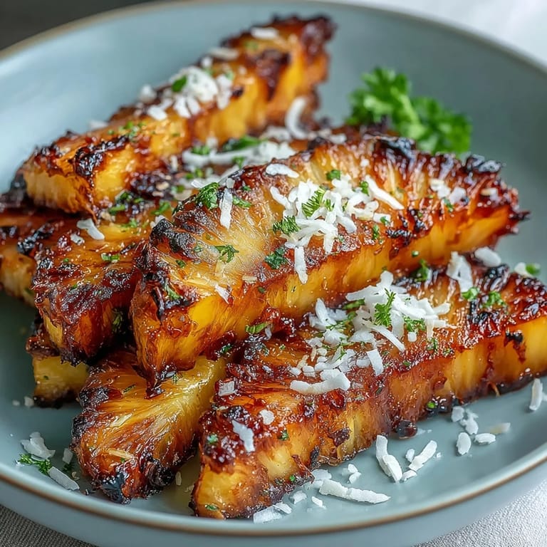 Sweet honey-lime glazed pineapple slices, golden and juicy, sprinkled with aromatic toasted coconut flakes.