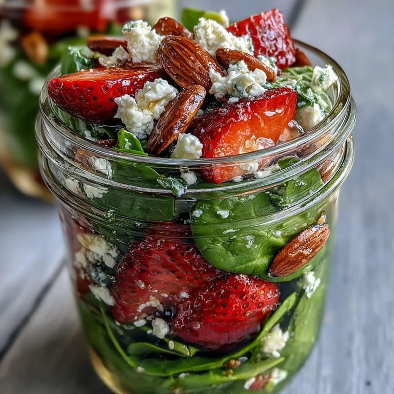 Strawberry and Spinach Mason Jar Salads with Balsamic: Fresh spinach and ripe strawberries paired with toasted nuts and tangy balsamic dressing — a colorful, nutritious salad in a jar.