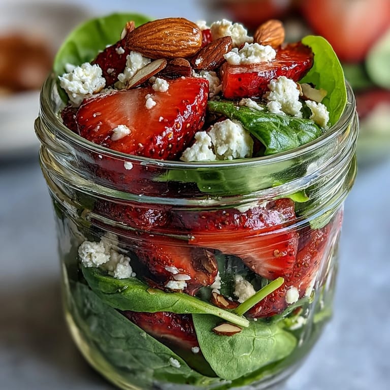 Strawberry and Spinach Mason Jar Salads with Balsamic: Crisp spinach, sweet strawberries, crunchy almonds, and creamy feta topped with balsamic vinaigrette in portable mason jars for easy lunches.