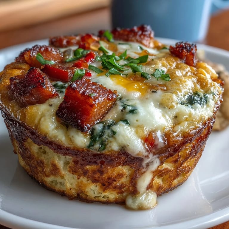 High-protein breakfast egg muffins with savory ham, melted cheddar, and vibrant veggies, ideal for meal prep.  