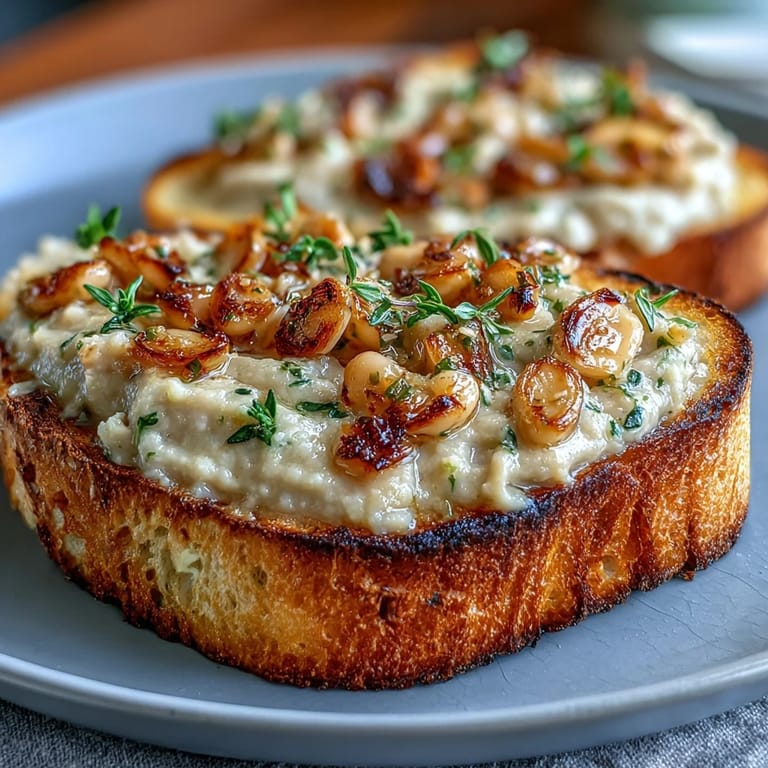 Savory roasted garlic blended with cannellini beans for a smooth, flavorful spread on golden sourdough slices.  