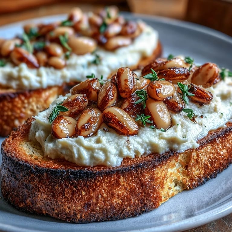 Rich and creamy white bean spread with sweet roasted garlic, perfect for serving on warm sourdough toast.