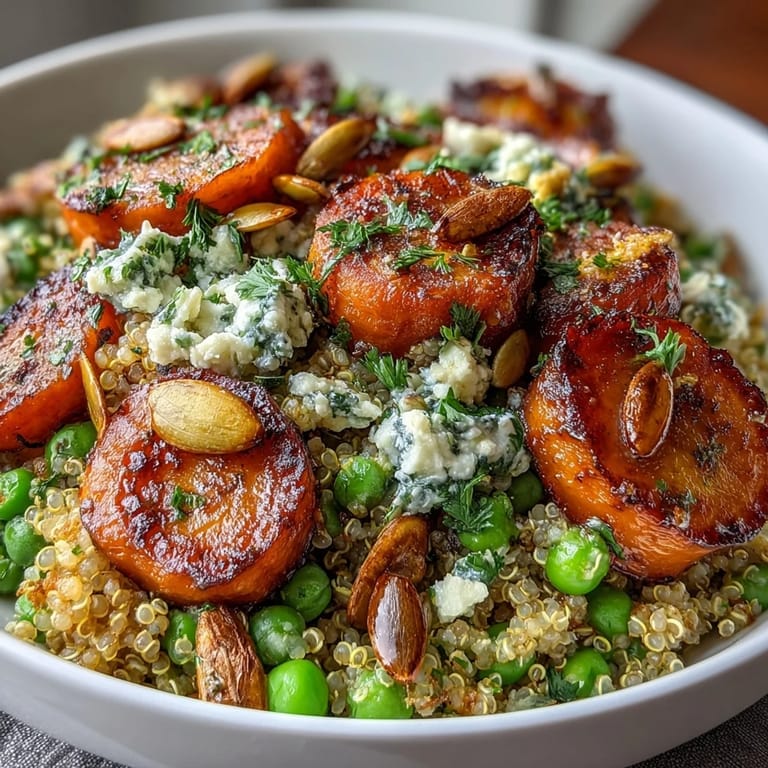 Colorful vegetarian quinoa bowl featuring roasted carrots, green peas, and crunchy pumpkin seeds for added texture.
