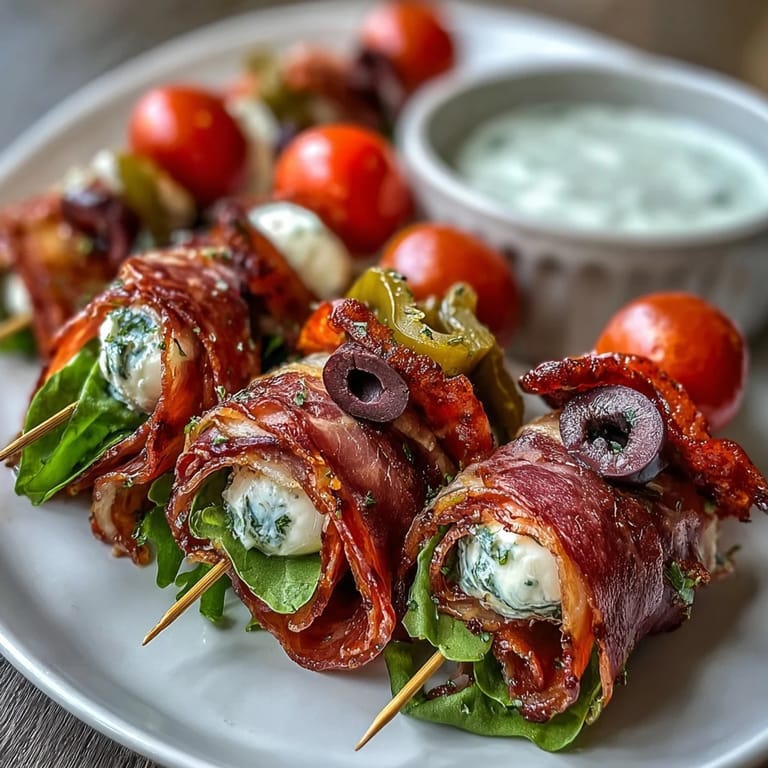 Italian Sub Skewers with Aioli: Bite-sized layers of salami, ham, mozzarella, and fresh vegetables, drizzled with zesty homemade