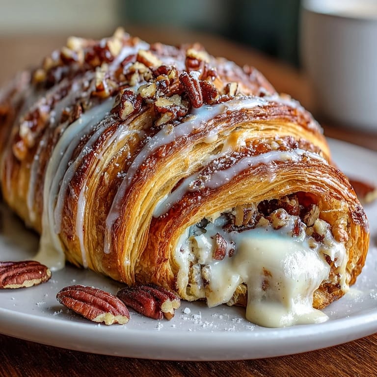 Golden baked croissants oozing rich pecan filling, topped with purple, green, and gold sanding sugars.  