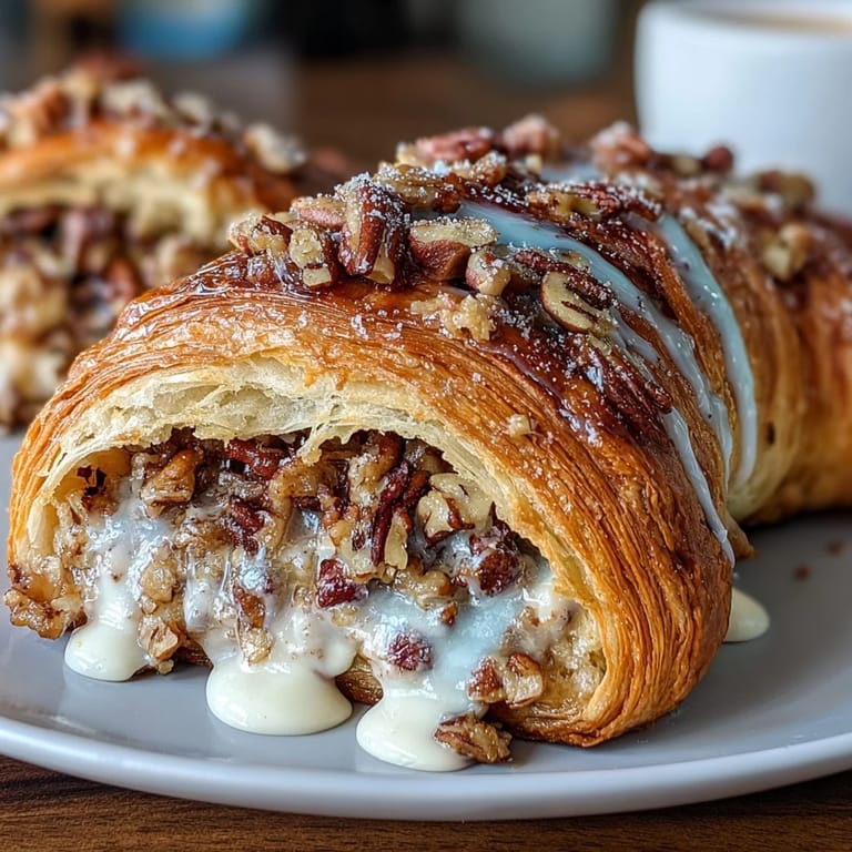 Warm King Cake stuffed croissants with cinnamon-spiced pecan cream, perfect for Mardi Gras brunch celebrations.