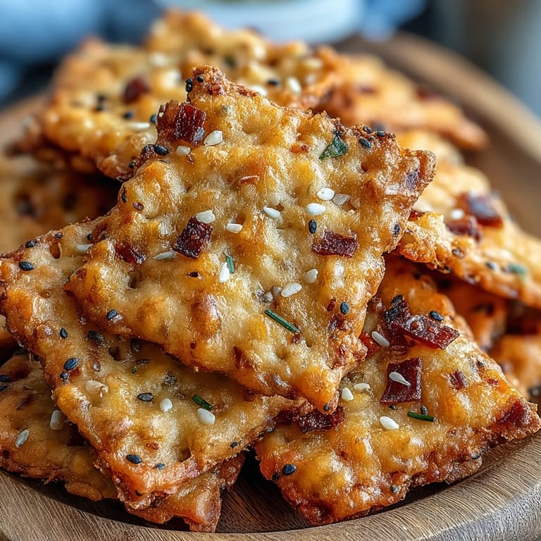 Tangy sourdough discard and sharp cheddar create cheesy snack crackers topped with everything bagel seasoning blend.  
