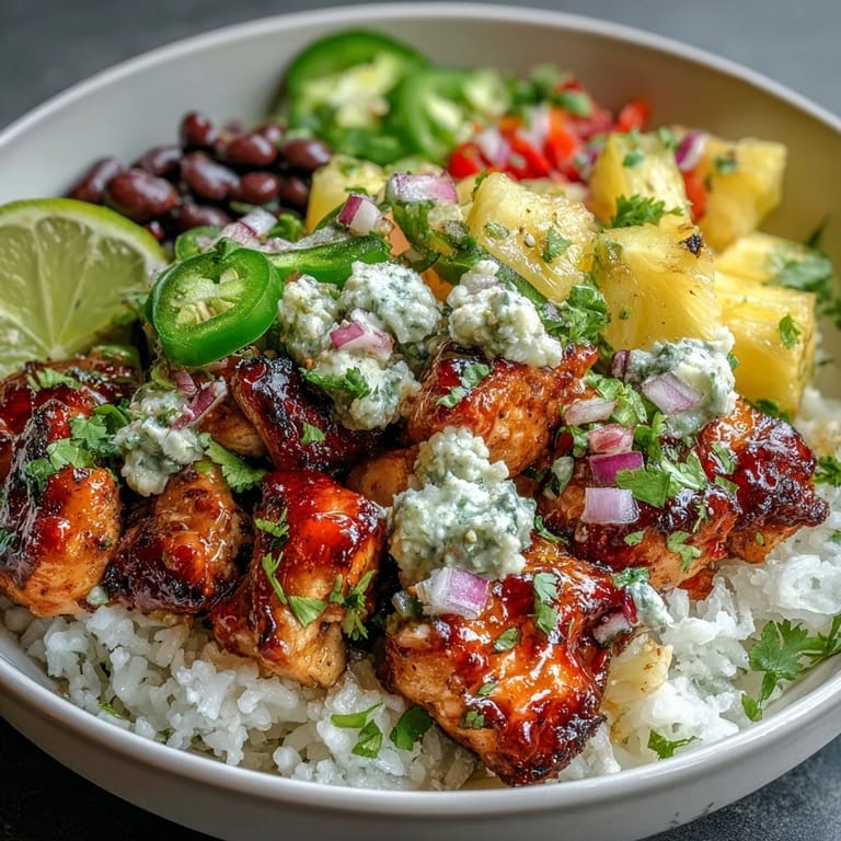 Tropical-inspired chicken taco bowls served over fluffy coconut rice, garnished with black beans, cherry tomatoes, and zesty lime wedges.  