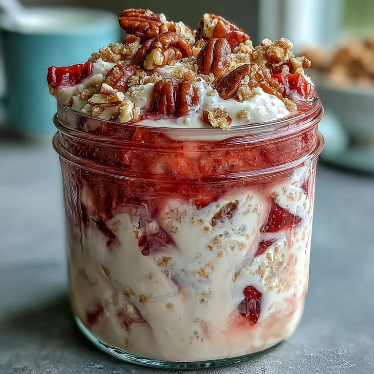 Velvety overnight oats infused with cream cheese and vanilla, layered with sweet strawberries and finished with a graham cracker crumble topping.