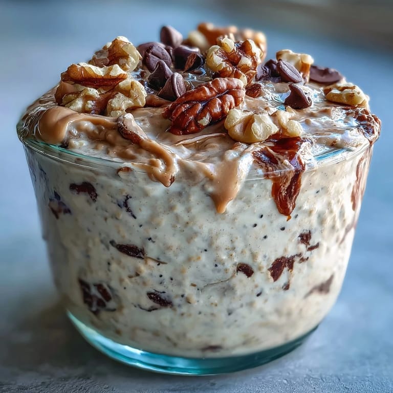 Indulgent yet healthy cookie dough overnight oats loaded with vanilla protein, chia seeds, and mini chocolate chips for a satisfying start.