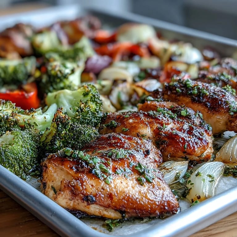 Colorful sheet pan dinner featuring juicy chicken breasts, crisp broccoli, and sweet bell peppers, all roasted to perfection.  