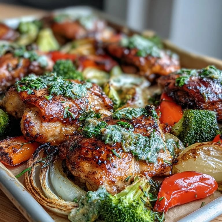 Quick and easy one-pan meal with perfectly seasoned chicken and caramelized vegetables, ideal for busy weeknight dinners.