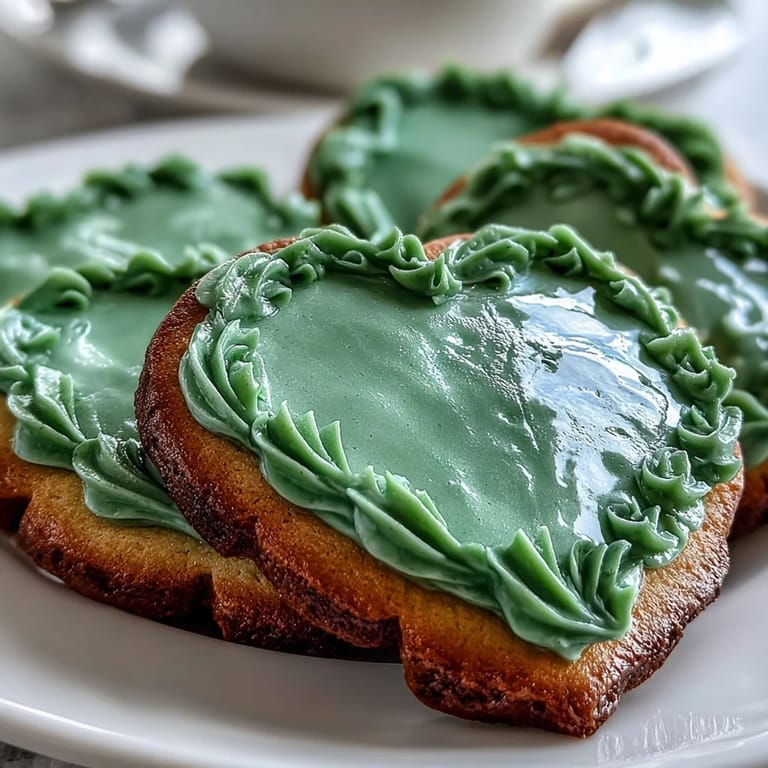 Buttery sugar cookies cut into shamrock shapes and topped with glossy royal icing, perfect for holiday dessert tables.