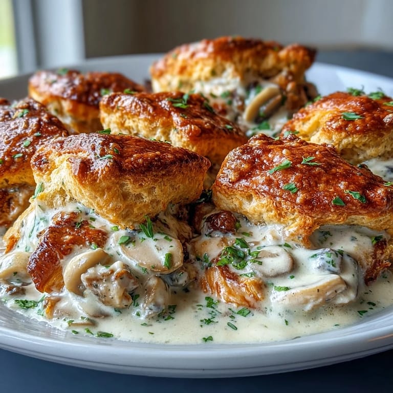 Baked comfort food featuring a creamy chicken and vegetable filling topped with fluffy, golden biscuit crust straight from the oven.