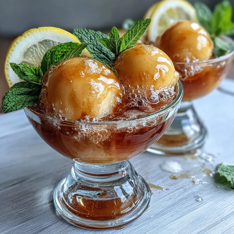 Elegant limoncello sorbet float topped with sparkling lemon water and garnished with fresh mint sprigs.
