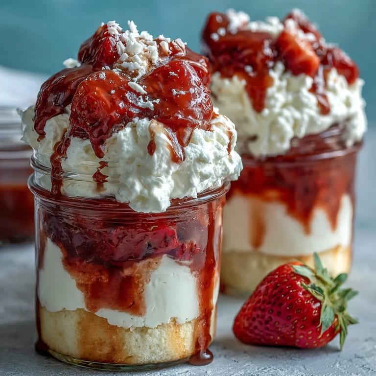 Portable strawberry shortcake parfaits in mason jars, combining tender shortcake, fresh berries, and light whipped cream.