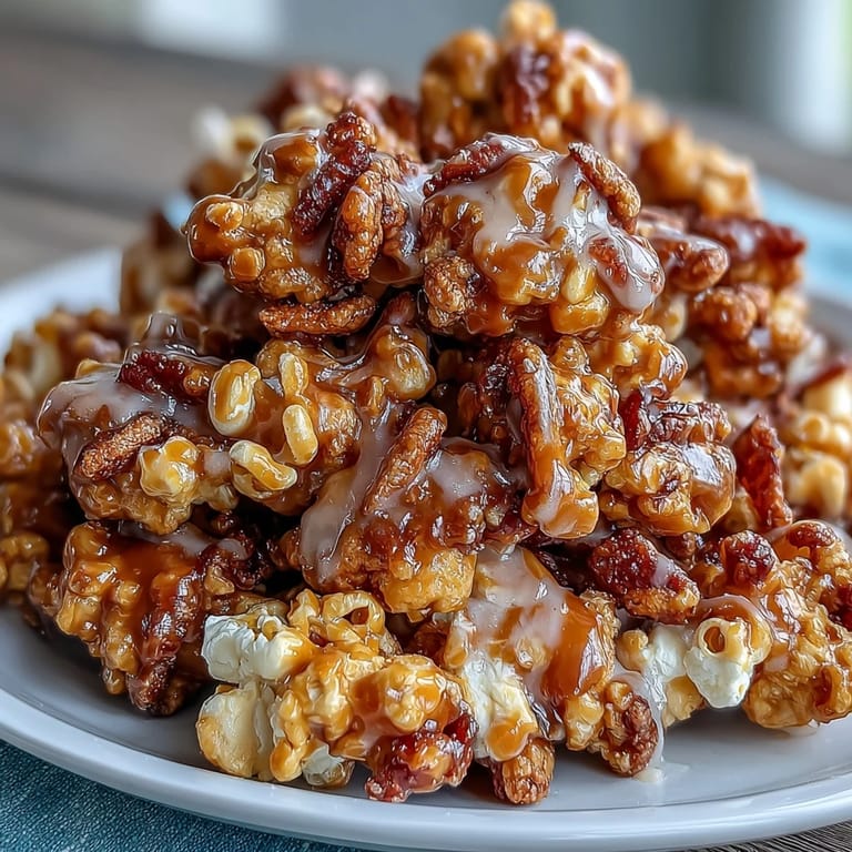 Sweet and salty popcorn mix with roasted peanuts, drizzled in rich caramel for game day enjoyment.