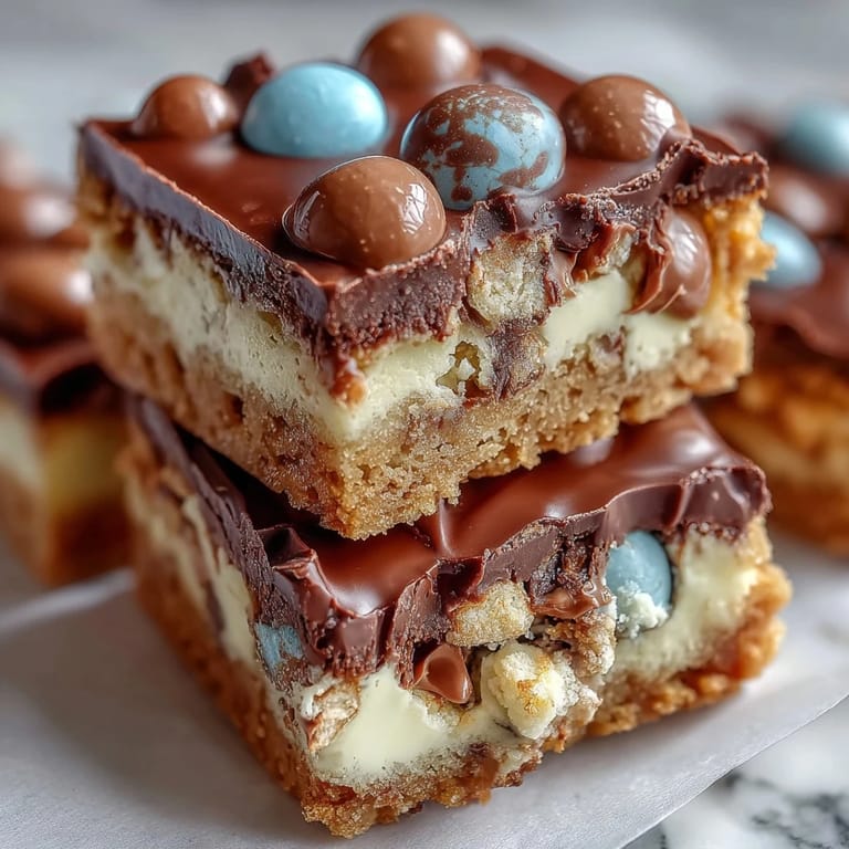 Soft, golden cookie bars filled with Cadbury mini eggs and pastel M&Ms, ideal for spring celebrations and family gatherings.