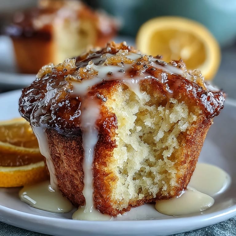 2. Freshly baked lemon poppy seed muffins topped with a tangy lemon glaze, offering a delightful crunch and zesty aroma.
