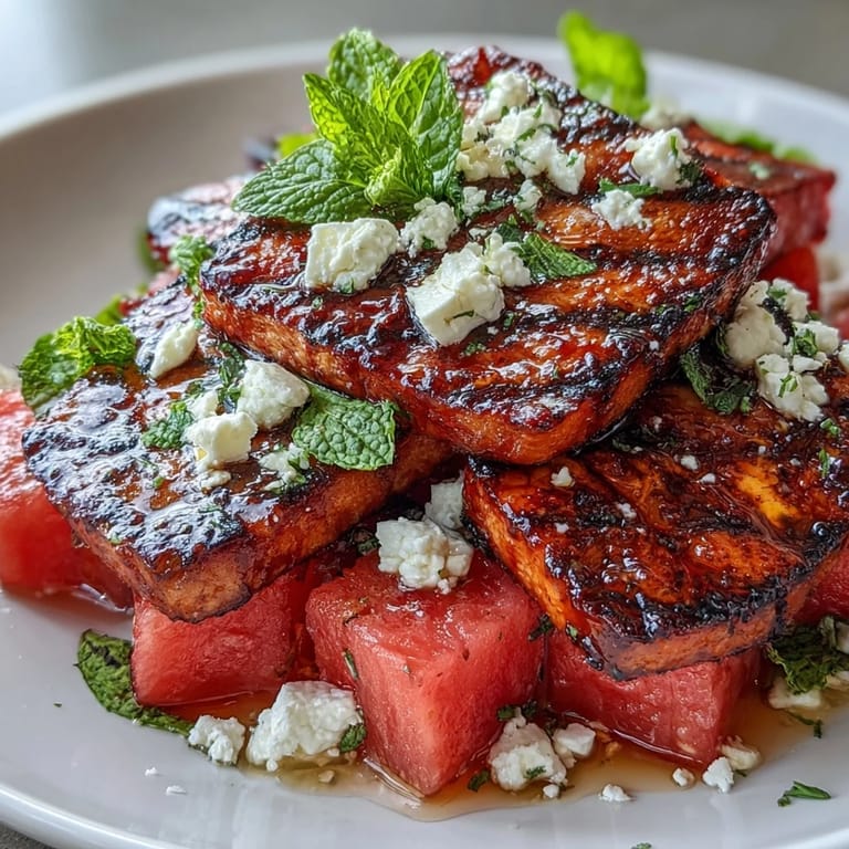 Sweet grilled watermelon, tangy feta, and aromatic mint combine in this easy Mediterranean salad, perfect for warm-weather meals.  