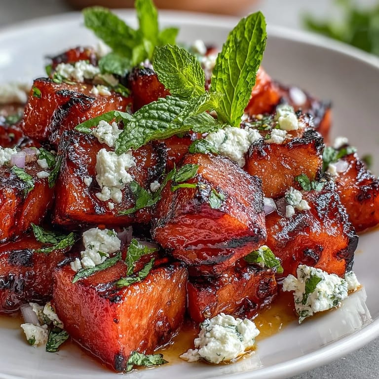 Juicy grilled watermelon wedges with salty feta and bright mint leaves create a refreshing, gluten-free salad bursting with flavor.