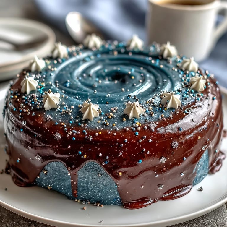 A celestial-inspired cake featuring marbled galaxy buttercream and edible gold star decorations.  