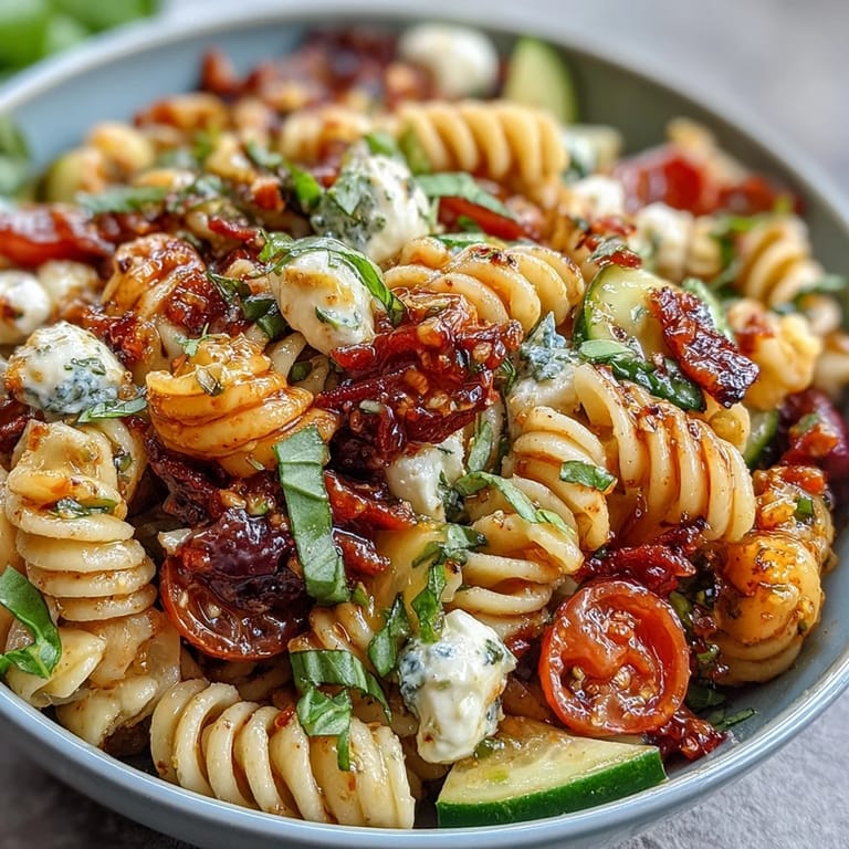 Easy Italian pasta salad with cherry tomatoes, bell peppers, and tangy dressing, ideal for picnics.