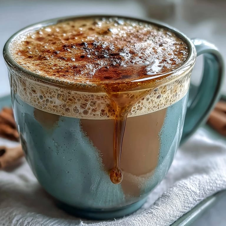 Golden dandelion tea latte with frothy oat milk and honey, perfect for a soothing caffeine-free drink.