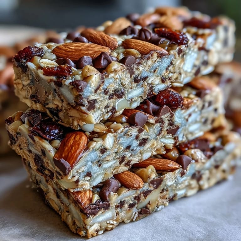 Chewy No-Bake Granola Energy Bars packed with crunchy nuts, sweet dried fruit, and wholesome oats for a nutritious treat.