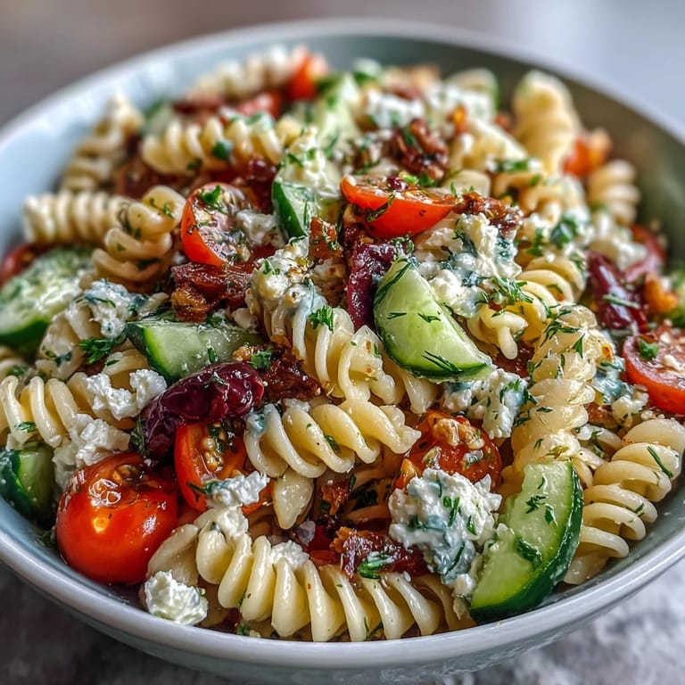 Refreshing Greek pasta salad with al dente pasta, briny olives, creamy feta, and crisp vegetables, ideal for warm-weather meals.