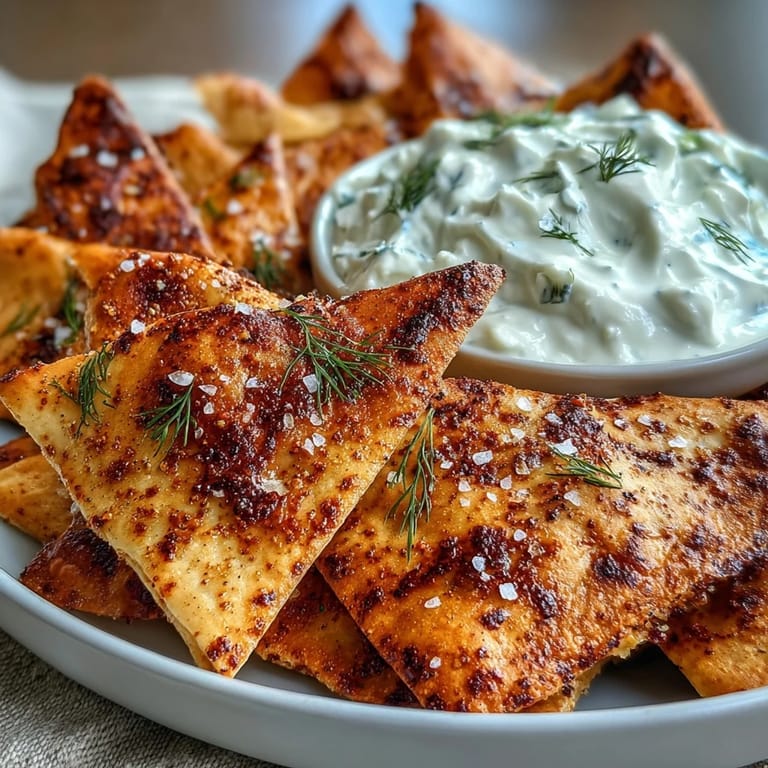 Freshly baked pita chips paired with creamy tzatziki sauce, ideal for warm summer days.  
