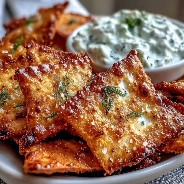 Homemade pita chips and tzatziki appetizer, offering a satisfying crunch with cool, tangy flavor.