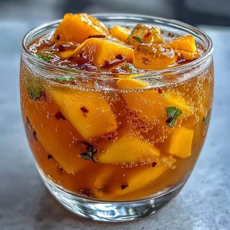 Refreshing summer mango peach tea drink with sparkling bubbles, ripe fruit puree, and chilled black tea for a tropical twist.