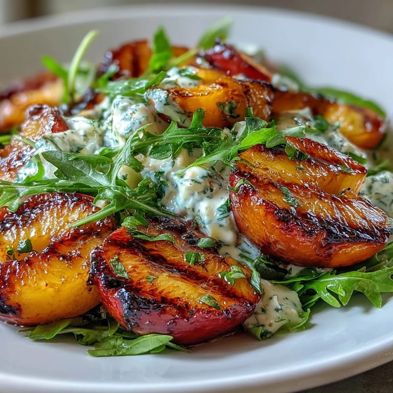 A vibrant summer salad of grilled peaches, torn burrata, arugula, and honey-balsamic drizzle, perfect for light lunches or elegant dinners.